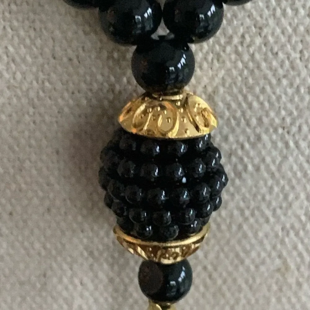 Black Bead Gold Tone Tassel Necklace Long Art Deco Flapper Style